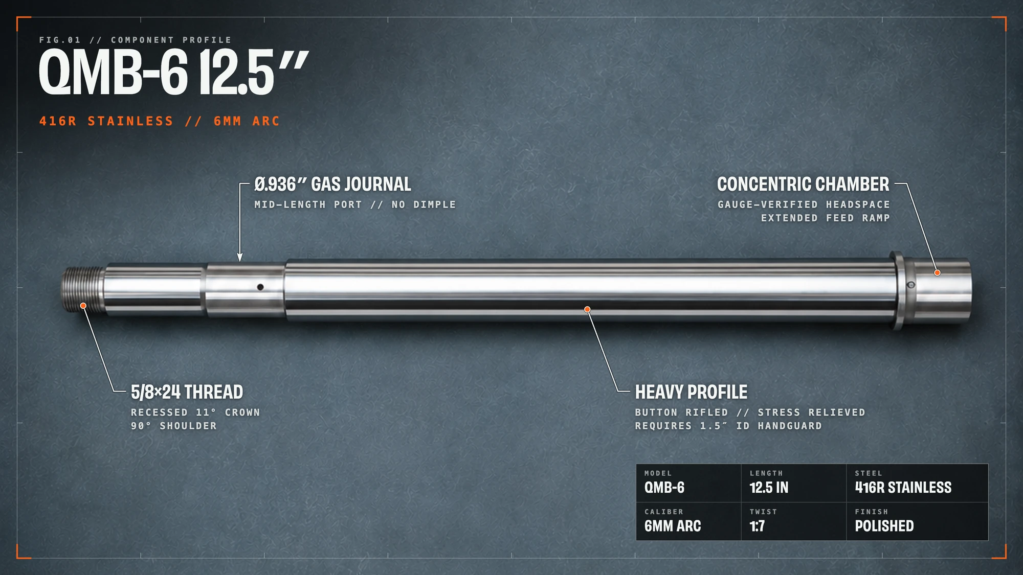 Quadradyn QMB-6 6mm ARC Barrel 416R Stainless Polished