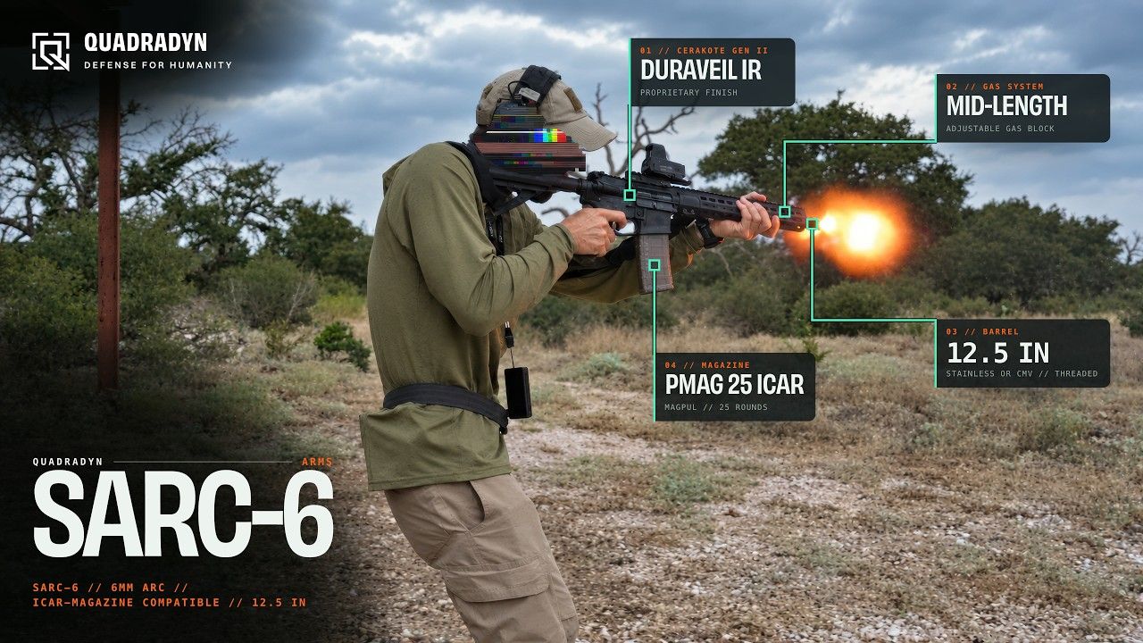 Still frame from the SARC-6 video: a shooter firing the Quadradyn SARC-6 6mm ARC carbine on an outdoor range